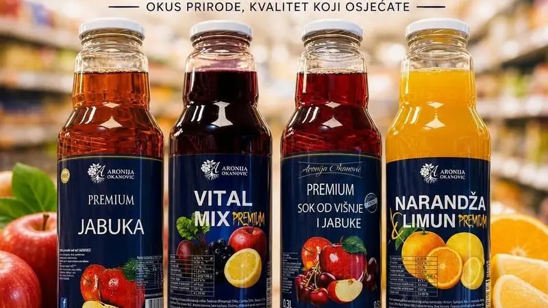 Četiri boce Aronija Okanović: Premium jabuka, Vital Mix, višnja i jabuka, narandža i limun